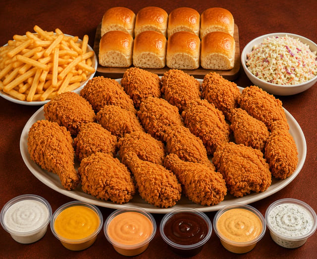 Chicken Broast 16 pieces, fries, Coleslaw, 8 rolls, 6 Dips.