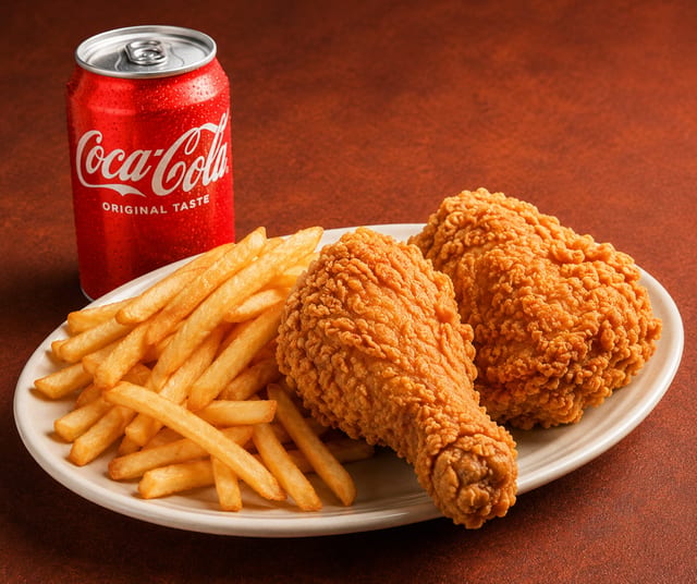 Chicken Broast 2 pieces with fries and soda.