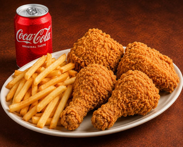 Chicken Broast 4 pieces with fries and Soda.
