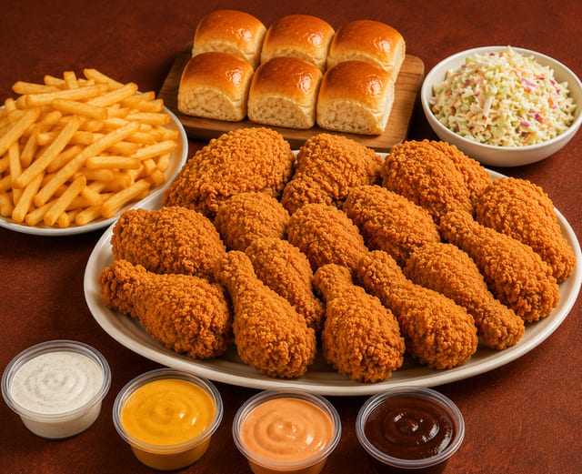 Chicken Broast 12 pieces, fries, Coleslaw, 6 rolls, 4 Dips.