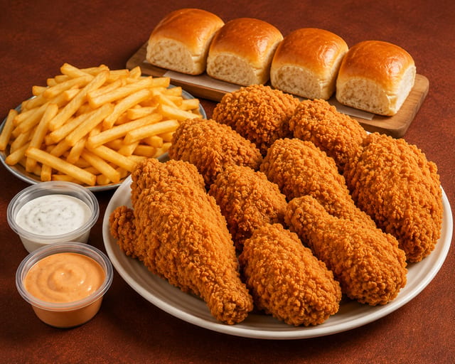 Chicken Broast 8 pieces, fries 4 rolls, 2 Dips.