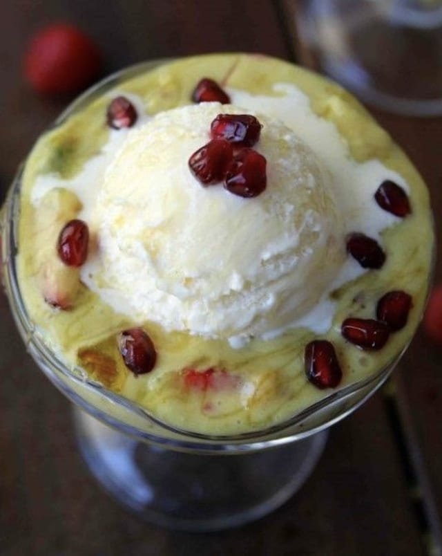 Fruit Custard with Ice Cream.